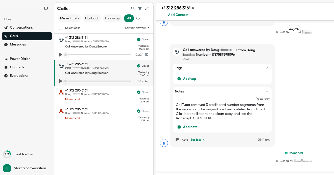 An Aircall call with the CallTutor note
