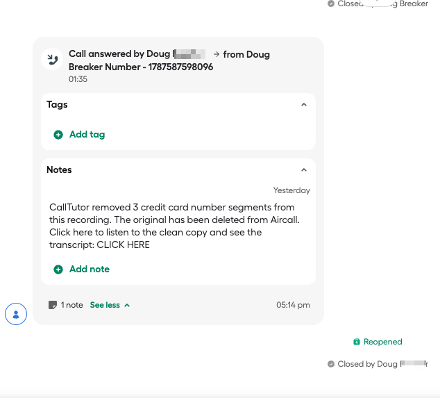 The CallTutor note on an Aircall call