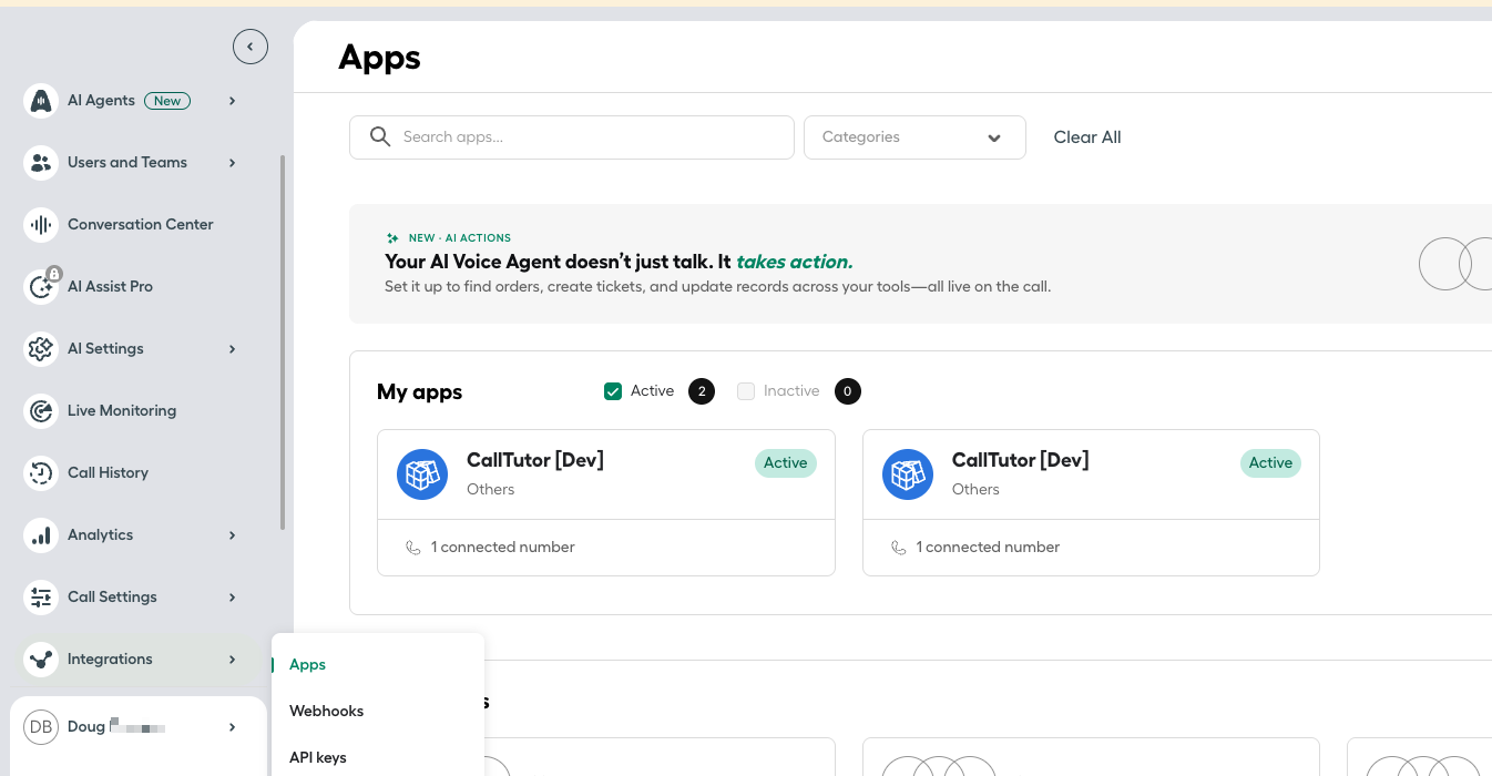The Apps page under Integrations in the Aircall Dashboard