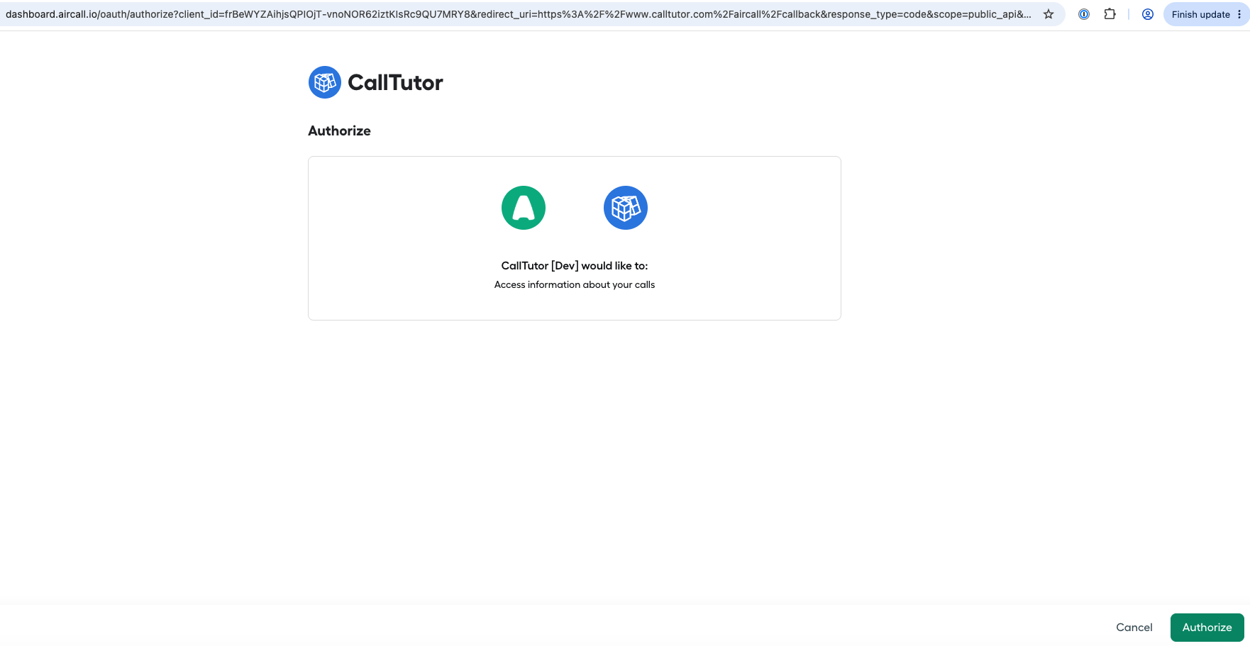 Aircall's authorize screen for CallTutor