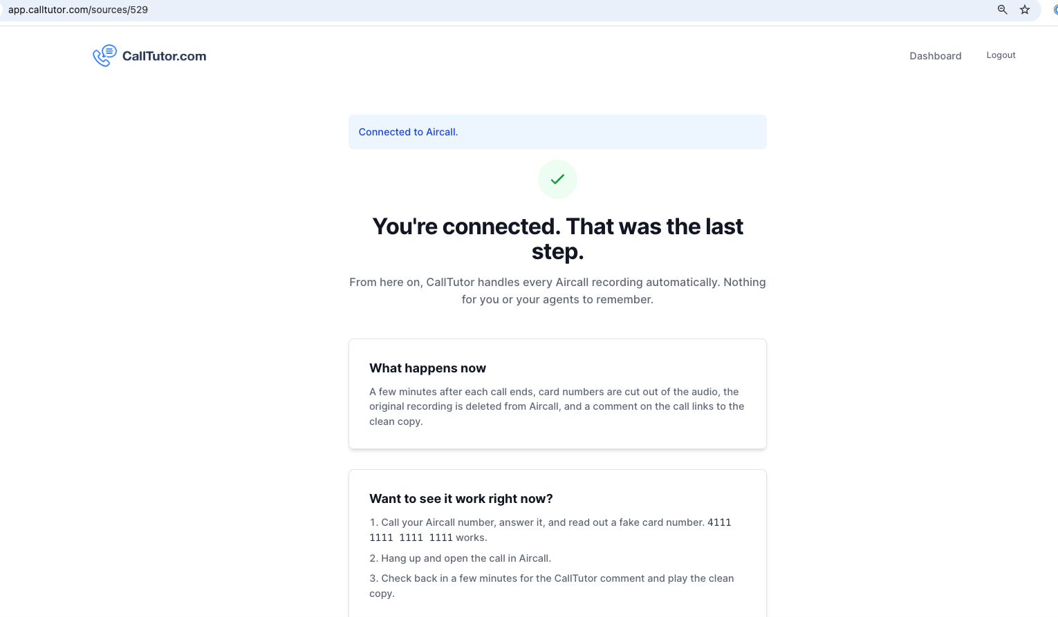 The CallTutor page confirming Aircall is connected