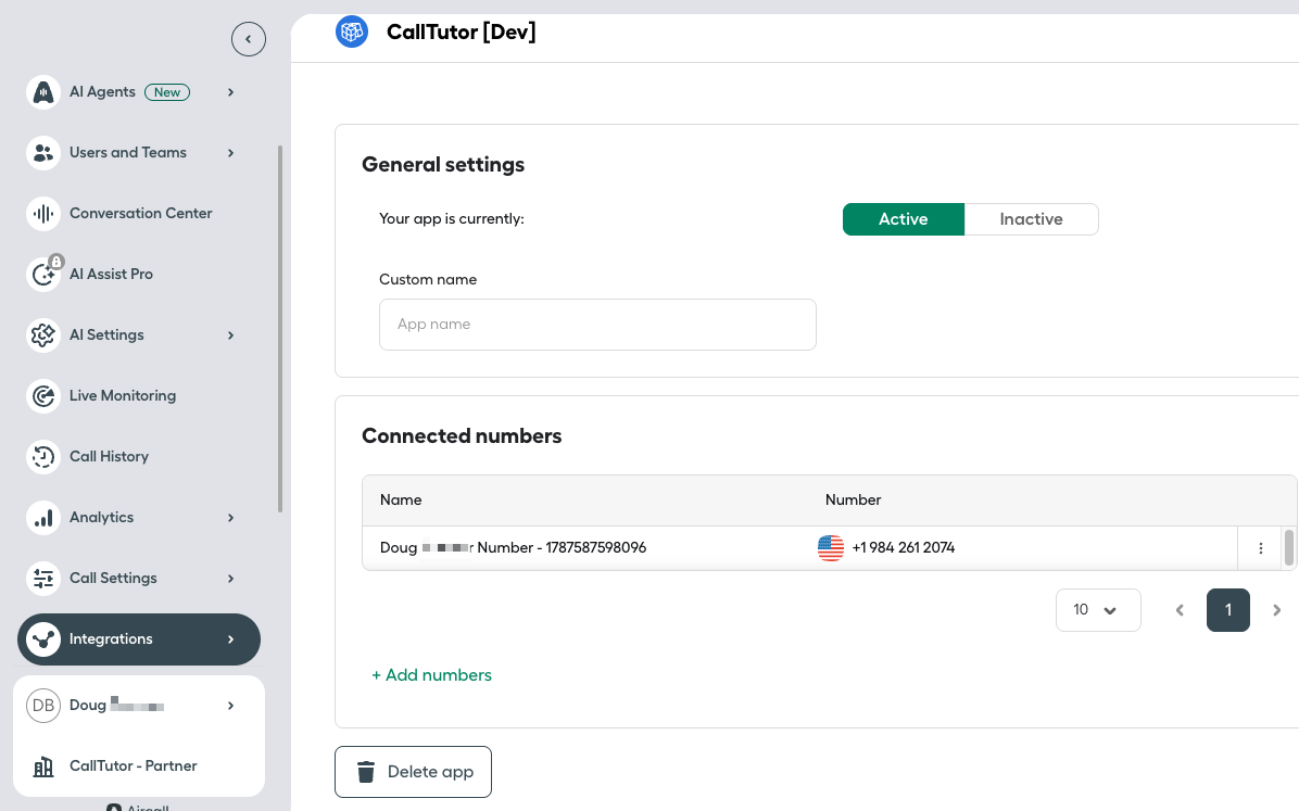 The CallTutor app page in Aircall with the Delete app button