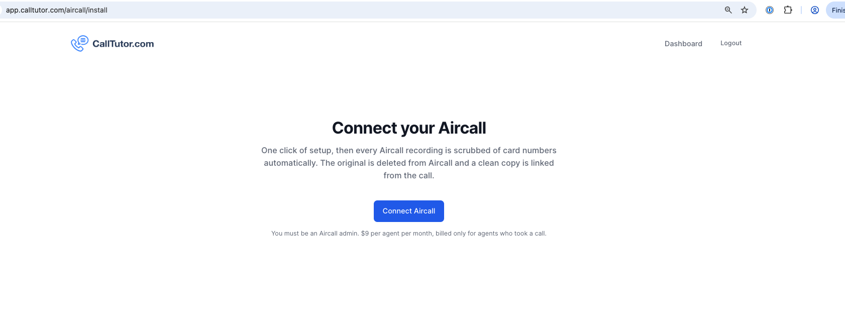 The CallTutor install page with the Connect Aircall button