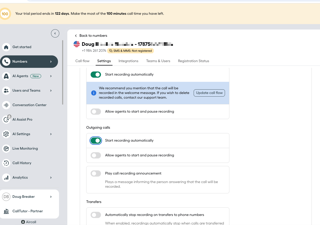 The Start recording automatically setting on an Aircall number