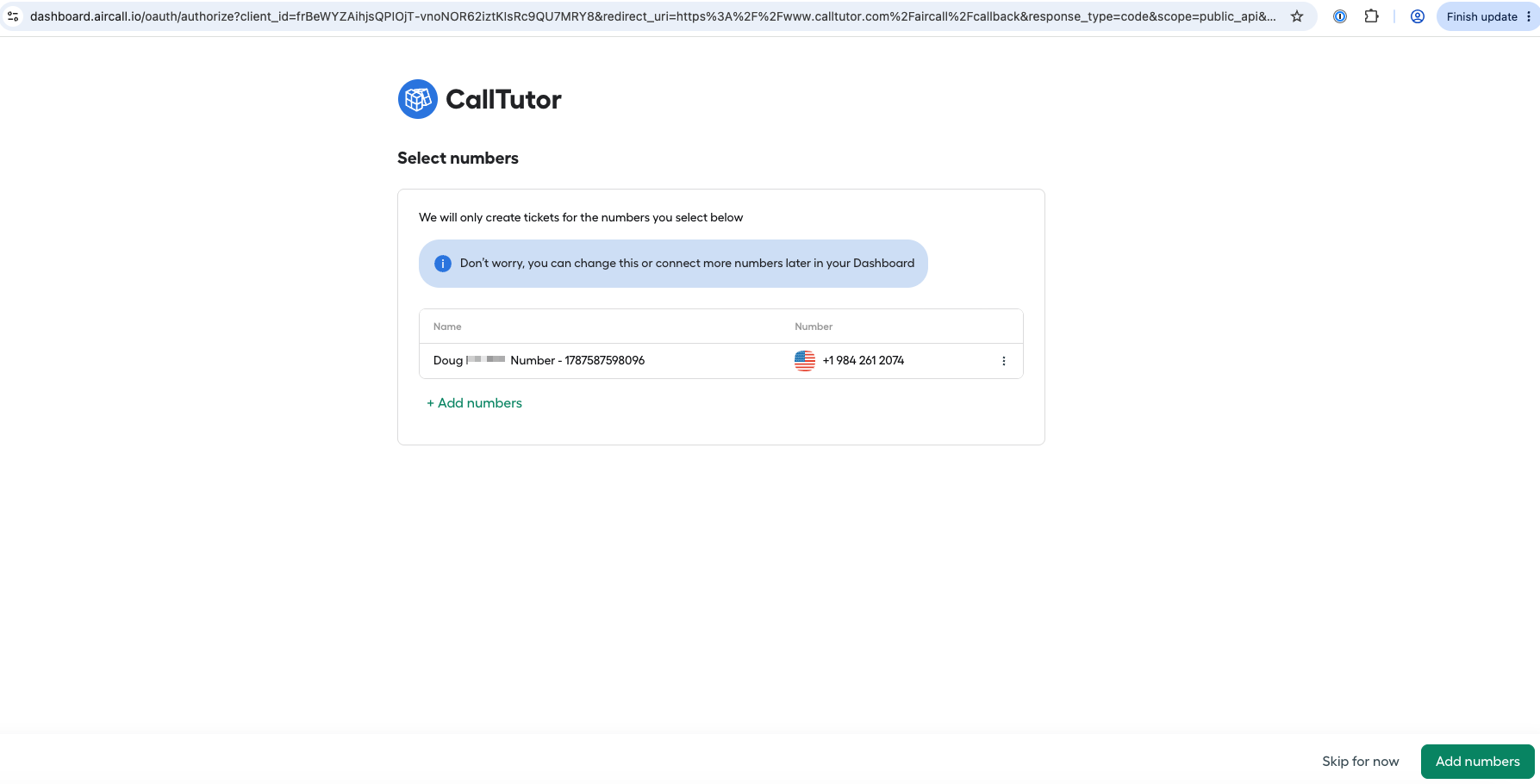 Aircall asking which numbers to include