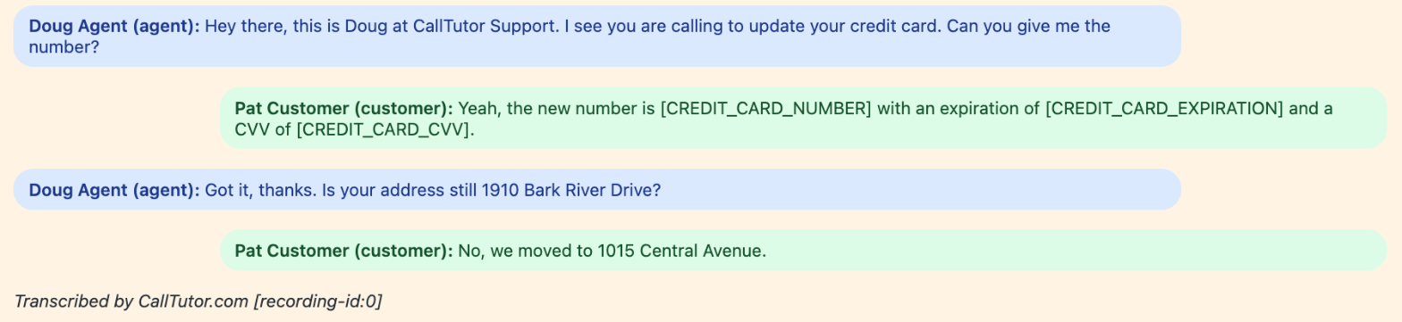 A CallTutor transcript posted as a Zendesk internal note, with agent and customer lines and the credit card details replaced by placeholders
