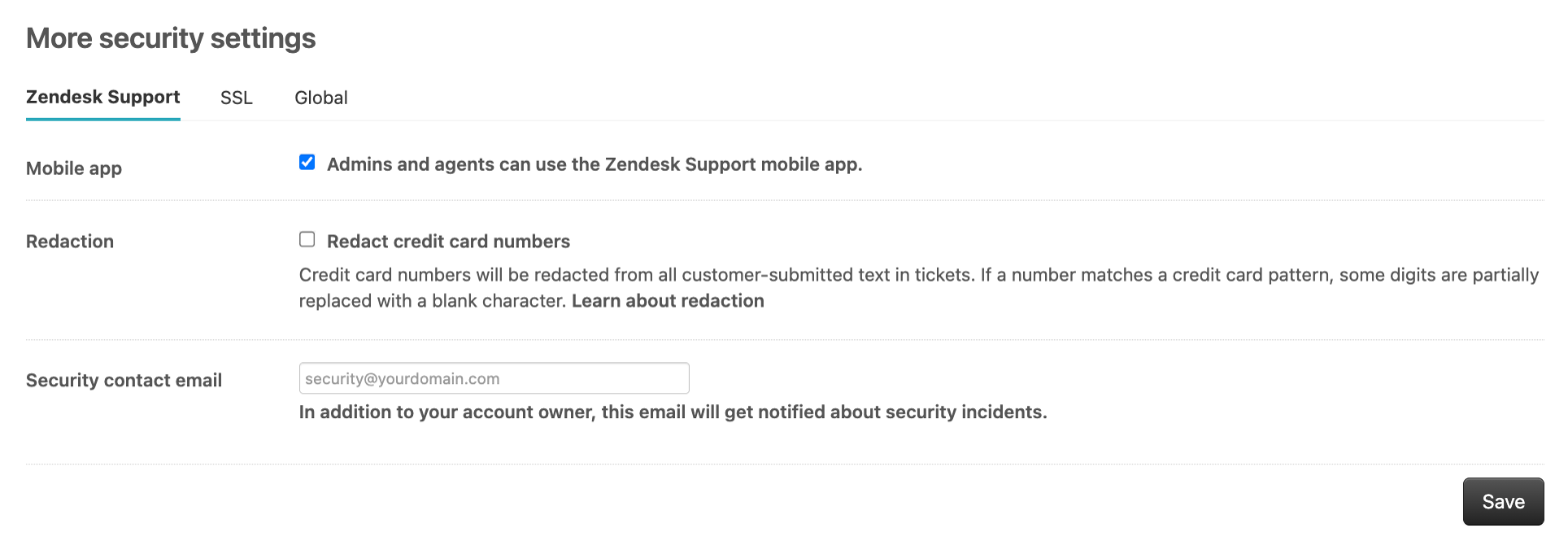 Zendesk Admin Center, More security settings, with the Redact credit card numbers checkbox under Redaction