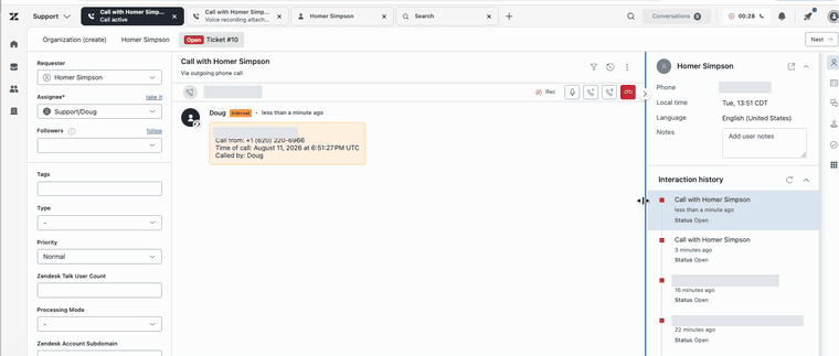 A Zendesk Talk call live on a ticket, then the redacted recording and transcript posting back after hangup