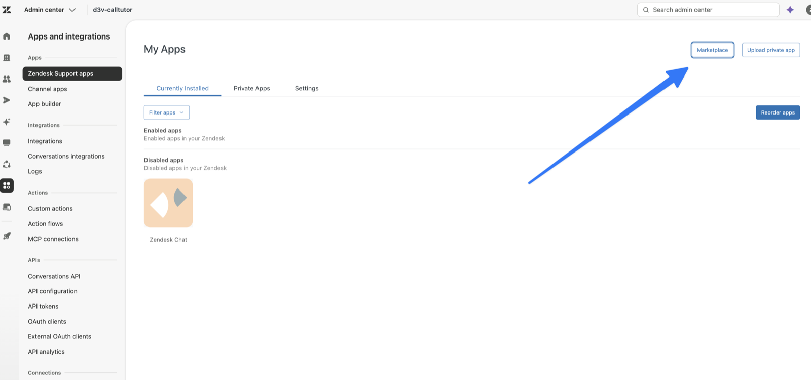 The Marketplace button in Zendesk Admin Center