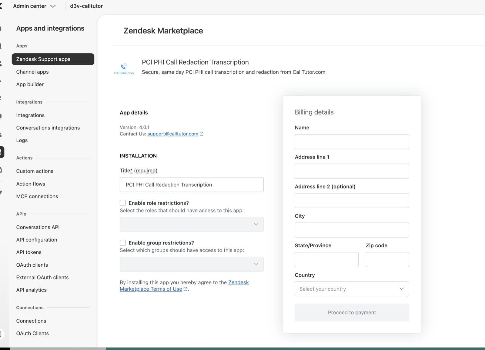 Installing the CallTutor app from the Zendesk Marketplace