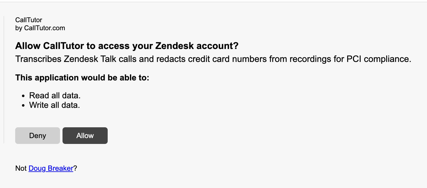 Zendesk's screen authorizing CallTutor to access your account
