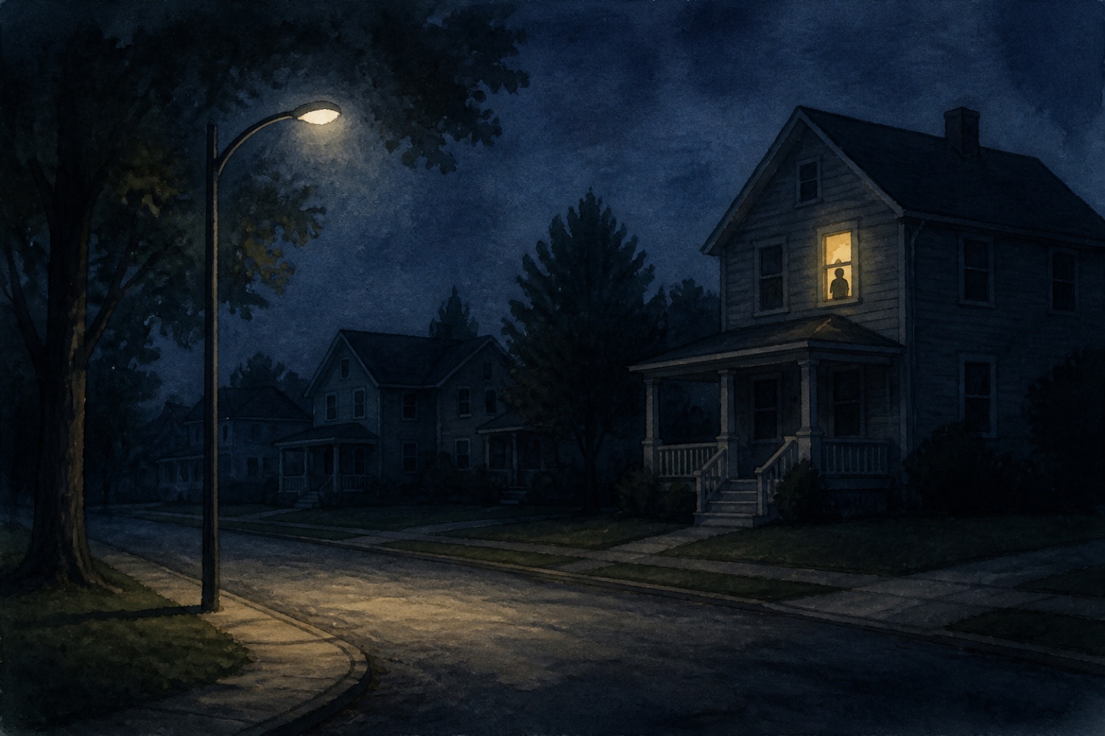 Watercolor of a dark suburban street at night with one lit upstairs window