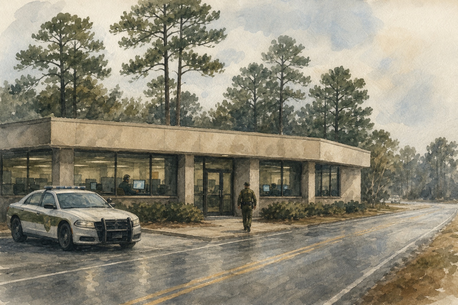 Watercolor of a sheriff's deputy walking toward a small call center building beside a highway