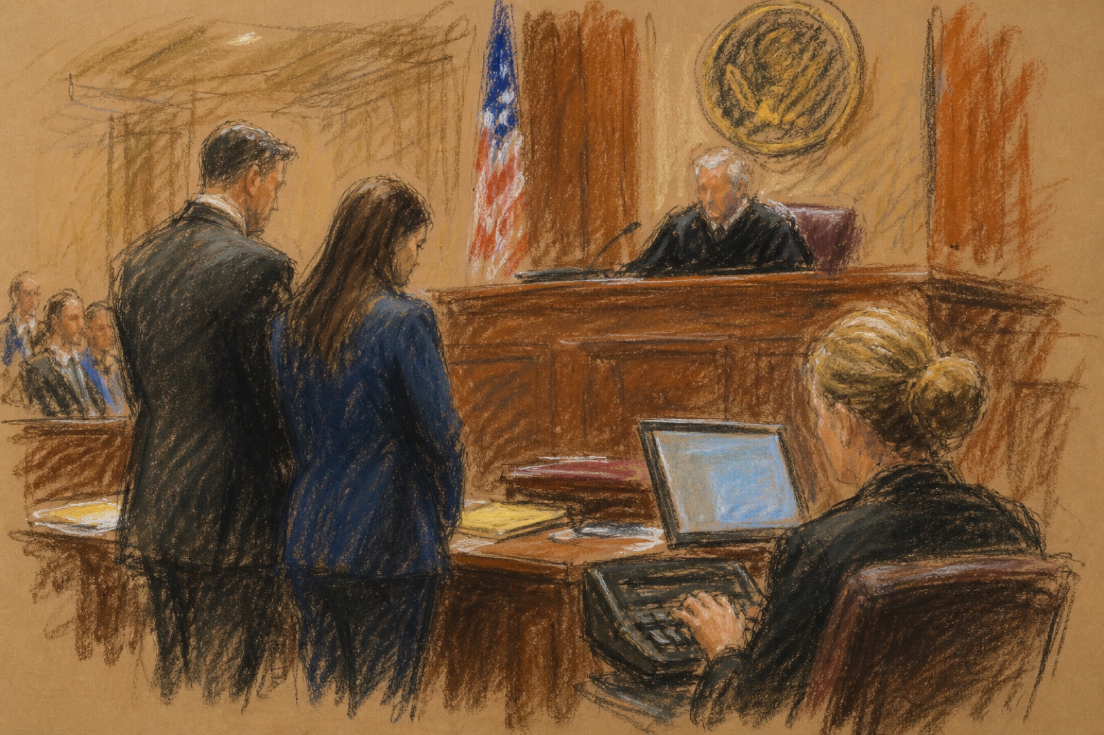 Courtroom sketch of a hearing before a federal judge