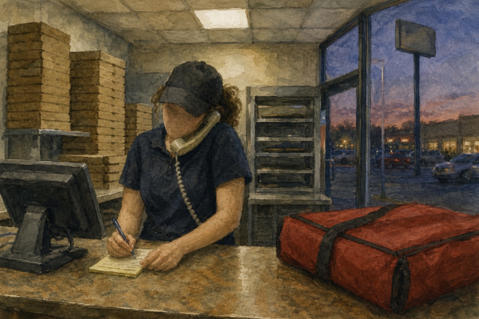 Watercolor of a pizza shop employee taking a phone order and writing on a notepad