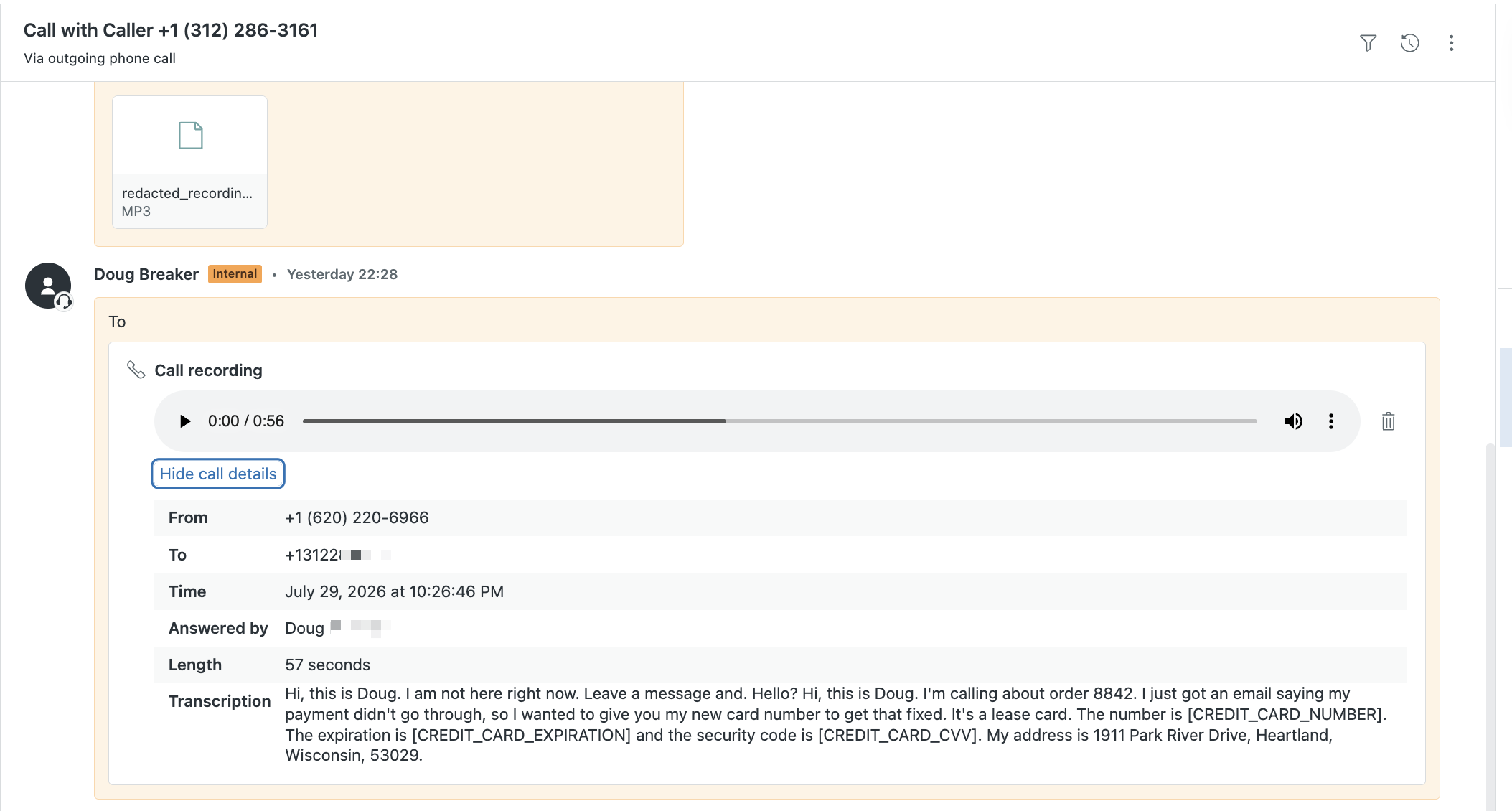 A redacted call recording and transcript on a Zendesk ticket